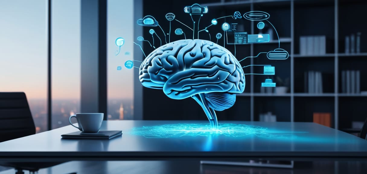 Holographic brain above an office desk, connected to company apps and data sources